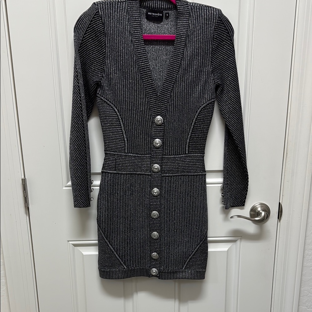 Retrofete Silver Metallic Button-Down Knit Dress